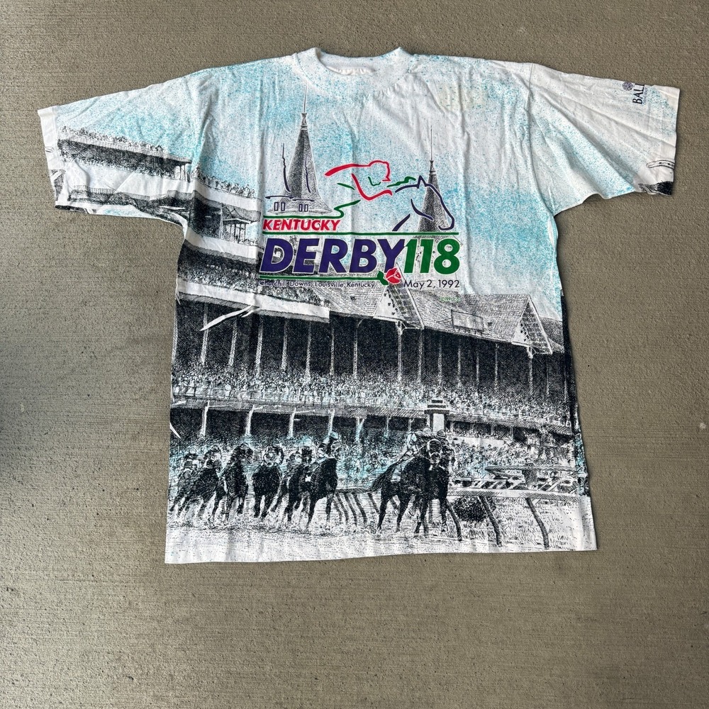 Vintage SJM Mens T-Shirt 1992 Kentucky Derby 118 All-Over Graphic Print Size 2XL